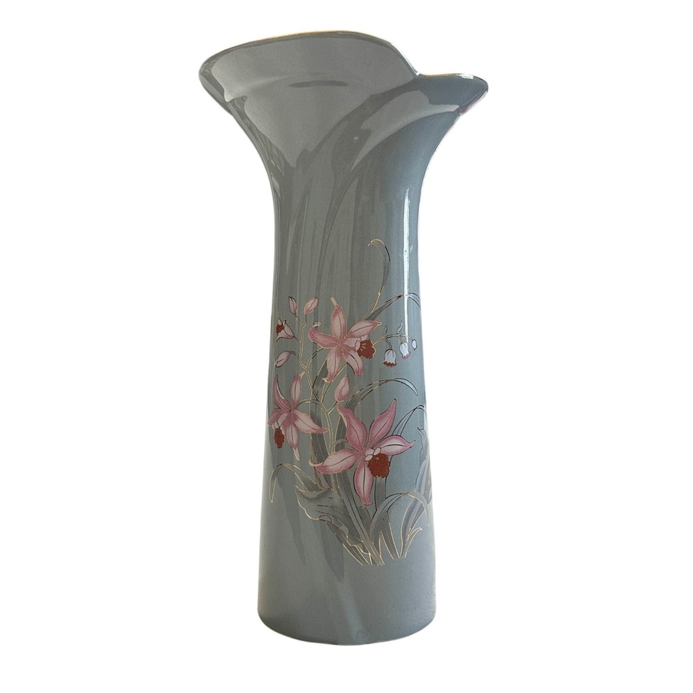 VTG Japanese Bud Vase 11in Gray Floral Fine China Japandi Decor‎ Minimalist